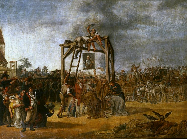 Wieszanie zdrajców in effigie (29 września 1794 w czasie Powstania kościuszkowskiego) Źródło: Jan Piotr Norblin, Wieszanie zdrajców in effigie (29 września 1794 w czasie Powstania kościuszkowskiego), 1794, olej na płótnie, Muzeum Narodowe w Warszawie, domena publiczna.