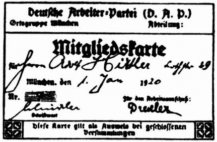 Kopia karty członkowskiejDAP (późniejszej NSDAP) Adolfa Hitlera Kopia karty członkowskiejDAP (późniejszej NSDAP) Adolfa Hitlera Źródło: domena publiczna.