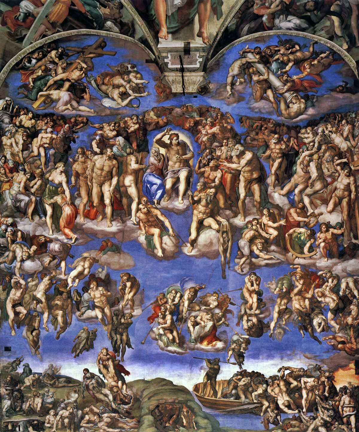 Sąd Ostateczny Źródło: Michał Anioł Buonarotti, Sąd Ostateczny, 1536-1541, fresk, Kaplica Sykstyńska w Watykanie, domena publiczna.