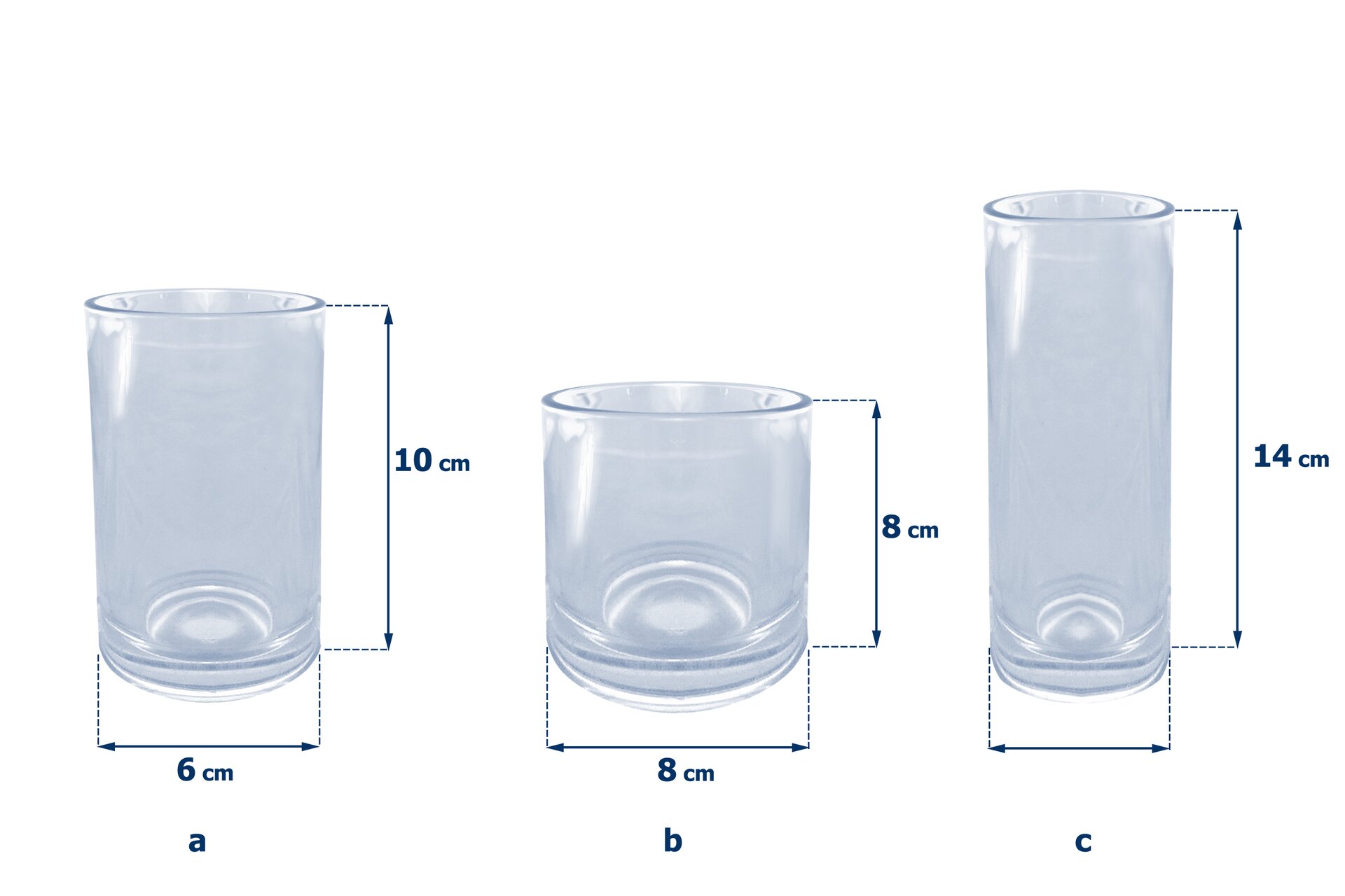 Rysunki trzech szklanek w kształcie walców. Pierwsza szklanka ma wysokość równą 10 cm i średnicę podstawy 6 cm. Druga szklanka ma wysokość równą 8 cm i średnicę podstawy 8 cm. Trzecia szklanka ma wysokość równą 14 cm i średnicę podstawy 4 cm.