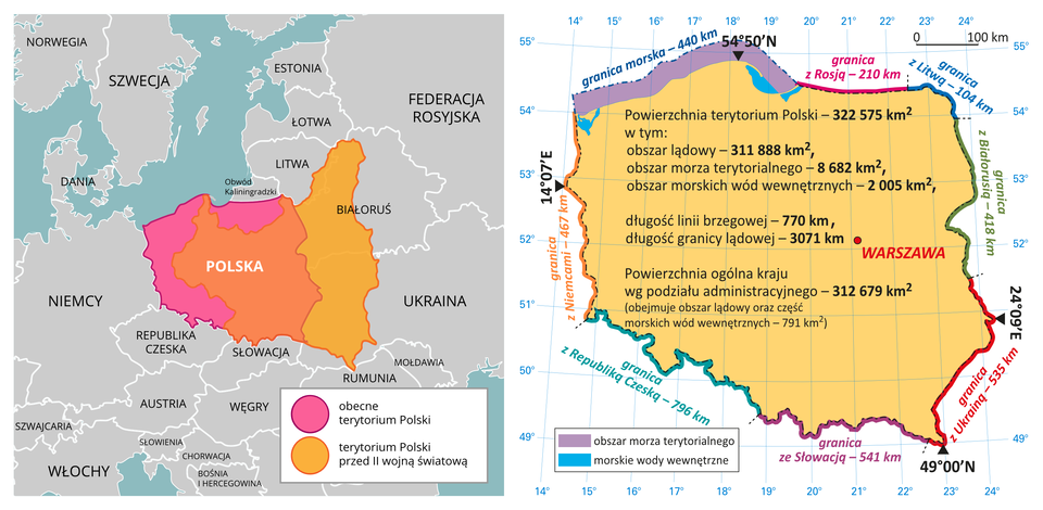 Na ilustracji obok siebie umieszczono dwie mapy i porównano przebieg granic Polski przed drugą wojną światową i obecnie. Na pierwszej mapie, dodatkowo porównano oba obszary, nakładając oba terytoria na siebie. Na drugiej mapie podano najważniejsze dane liczbowe dotyczące Polski.