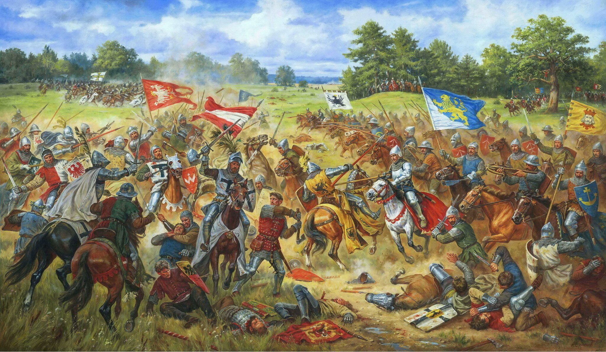 Chorągiew lwowska w bitwie pod Grunwaldem 15 lipca 1410 roku Źródło: Артур Орльонов, Chorągiew lwowska w bitwie pod Grunwaldem 15 lipca 1410 roku, 2012, licencja: CC BY-SA 3.0.