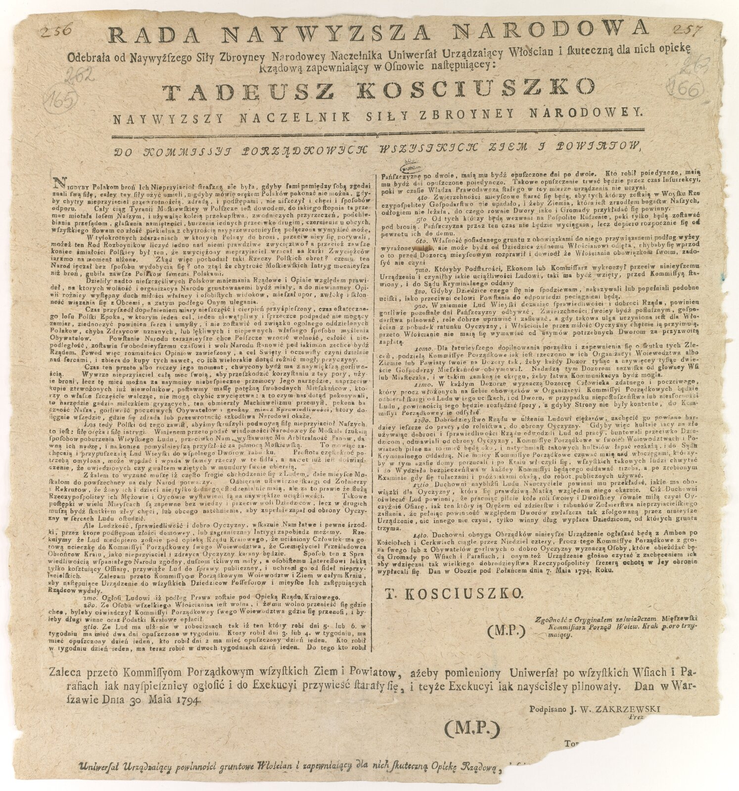 Uniwersał połanicki Tekst Uniwersału połanieckiego wydanego przez T. Kościuszkę 7 maja 1794 r. Źródło: Tadeusz Kościuszko, Uniwersał połanicki, 1794, Archiwum Główne Akt Dawnych, domena publiczna.