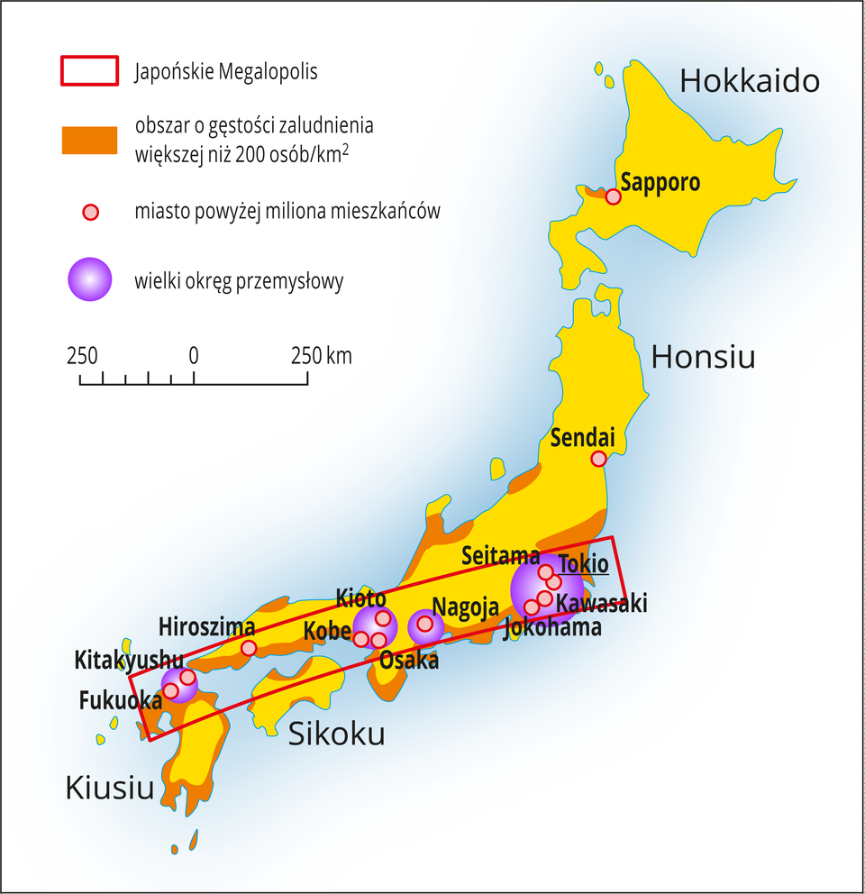 Ilustracja przedstawia mapę Japonii. Kolorem pomarańczowym zaznaczono obszar o gęstości zaludnienia większej niż 200 osób na jeden kilometr kwadratowy na południu kraju (wyspy Honsiu i Kiusiu). W tym rejonie zaznaczono kółkami cztery wielkie okręgi przemysłowe, a kropkami około dziesięciu miast powyżej jednego miliona mieszkańców. Cały obszar obwiedziono czerwoną linią wyznaczając Japońskie Megalopolis.