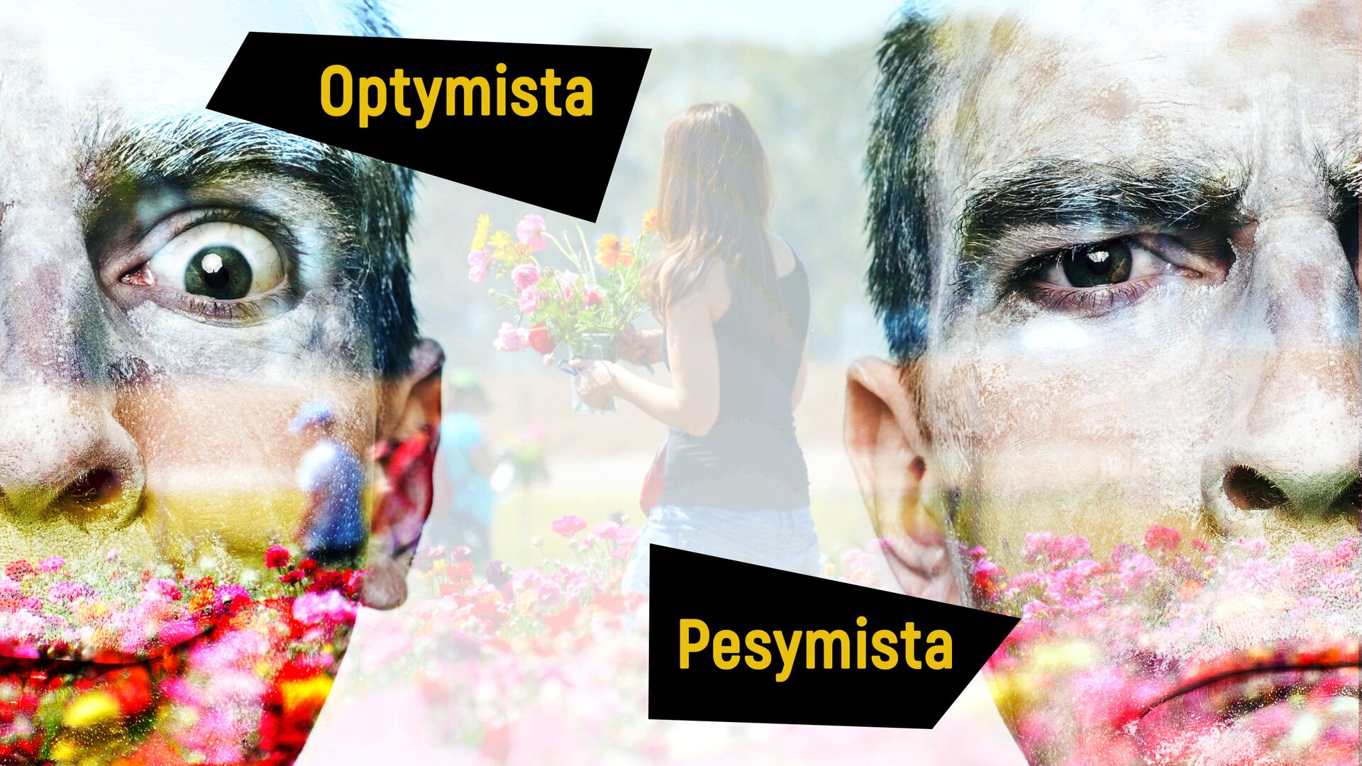 Ilustracja przedstawia na pierwszym planie dwie twarze. Po lewej widać twarz osoby pozytywnie nastawionej do świata. Mężczyzna jest w średnim wieku i ma szeroko otwarte oczy, lekko rozchylone wargi z kącikami ust skierowanymi w górę. Po prawej stronie widać tego samego mężczyznę. Tutaj natomiast wygląda na przygnębionego, ma zmartwiony wzrok, a kąciki jego ust skierowane są w dół. Na ilustracji znajdują się dwa podpisy – optymista (po lewej) i pesymista (po prawej). Ponadto, na obraz twarzy nałożony jest drugi obraz przedstawiający kobietę zrywającą kwiaty na łące. Kolorowe kwiaty znajdują się na wysokości ust mężczyzny.