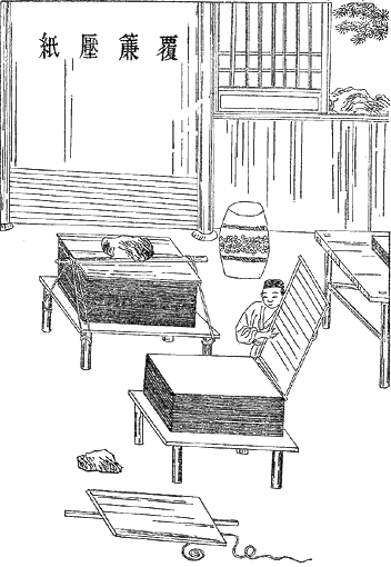 Ilustracja przedstawia pomieszczenie z dwoma dużymi stołami na których leżą ułożone na stosach płaskie kawałki drewna. Przy jednym z nich stoi mężczyzna i układa kolejne. Widać w rogu stojącą beczkę i chińskie napisy na ścianie.
