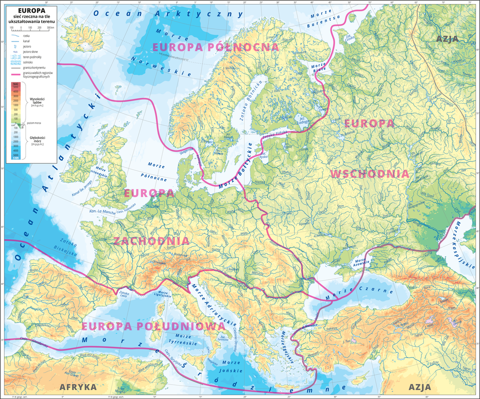 Ilustracja przedstawia mapę hipsometryczną Europy. W obrębie lądów występują obszary w kolorze zielonym, żółtym, pomarańczowym i czerwonym. Morza zaznaczono kolorem niebieskim. Na mapie poza opisaną siecią rzeczną nie ma nazw żadnych innych obiektów geograficznych. Czerwonymi liniami oddzielono wielkie regiony fizycznogeograficzne: Europa Północna, Europa Zachodnia, Europa Południowa, Europa Wschodnia i podpisano je. Mapa zawiera południki i równoleżniki, dookoła mapy w białej ramce opisano współrzędne geograficzne co pięć stopni.