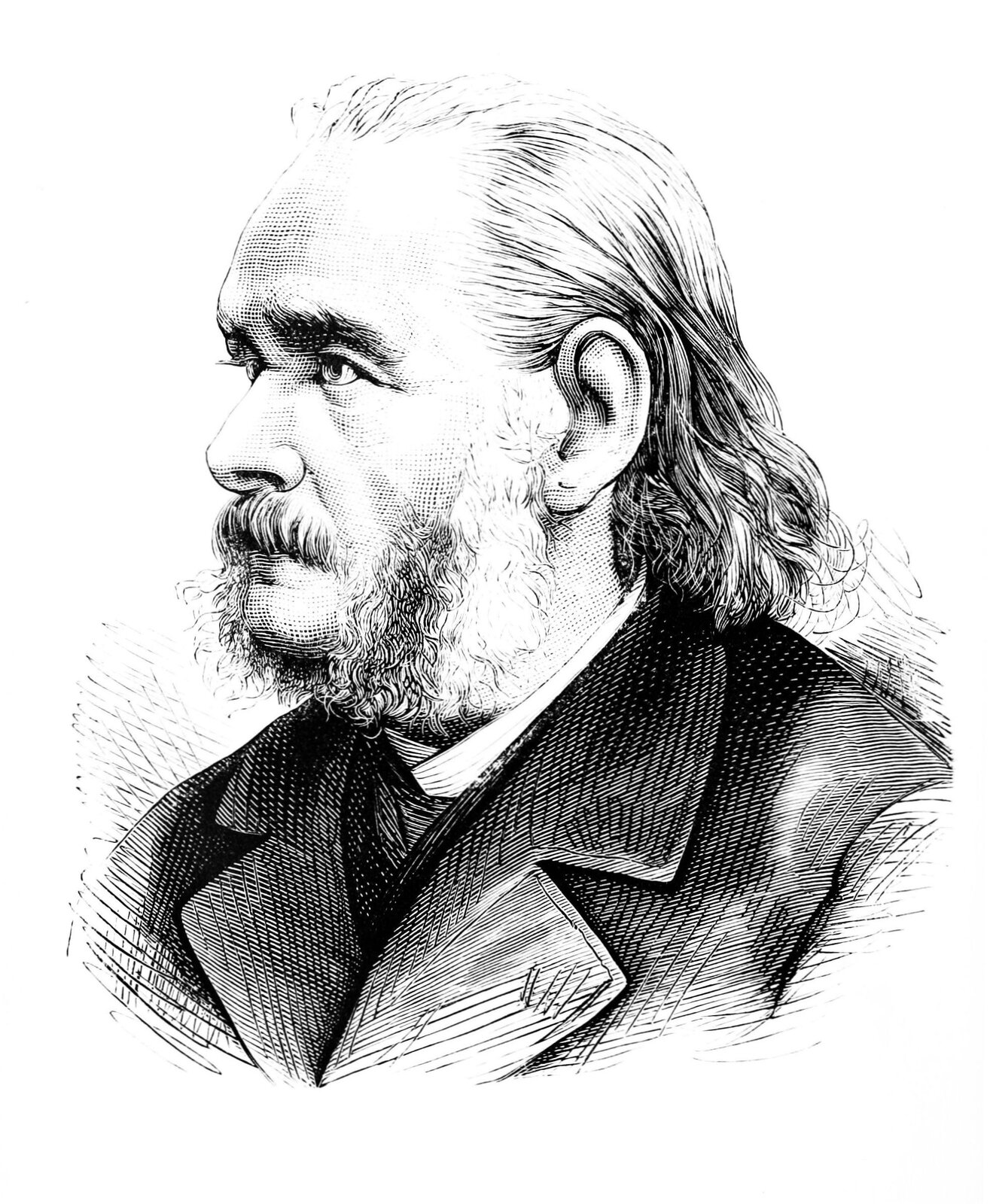 Profil mężczyzny z włosami zaczesanymi do tyłu, sięgającymi kołnierza. Ma brodę i wąsy. Strój historyczny.
