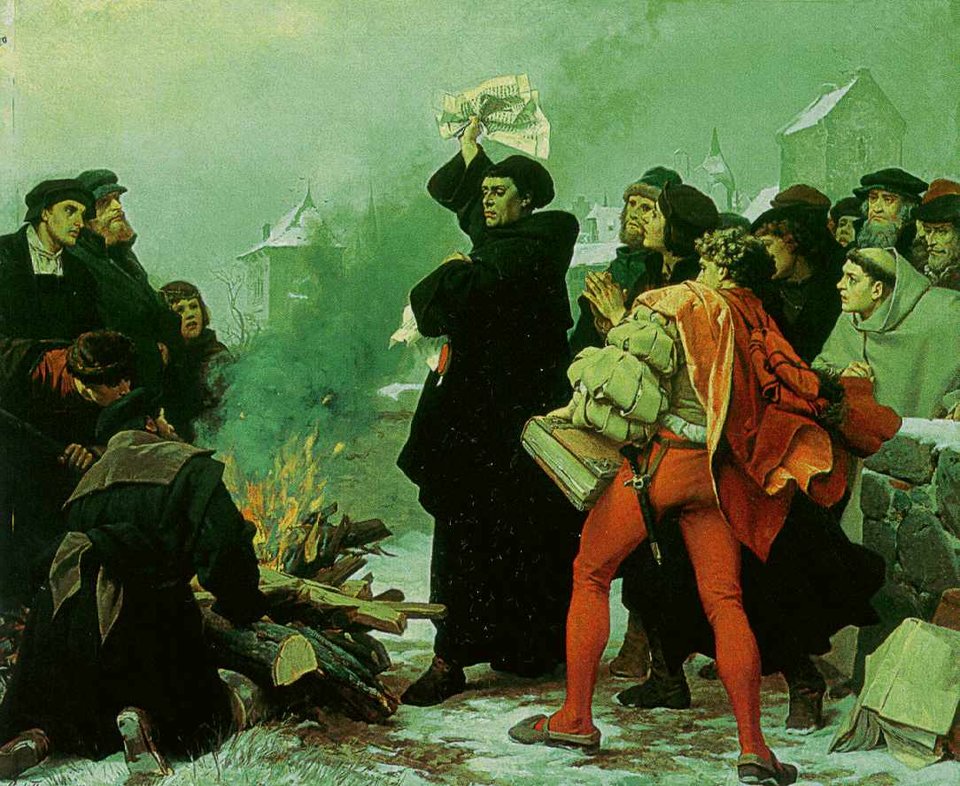Spalenie bulli „Exsurge Domine" XII 1520 Źródło: Spalenie bulli „Exsurge Domine" XII 1520, 1872/73, domena publiczna.