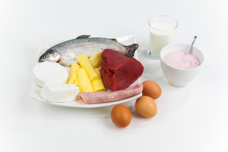 Fotografia przedstawiająca produkty spożywcze bogate w białka: ryba, ser biały, żółty, mięso, wędlina, jaja, jogurt, mleko