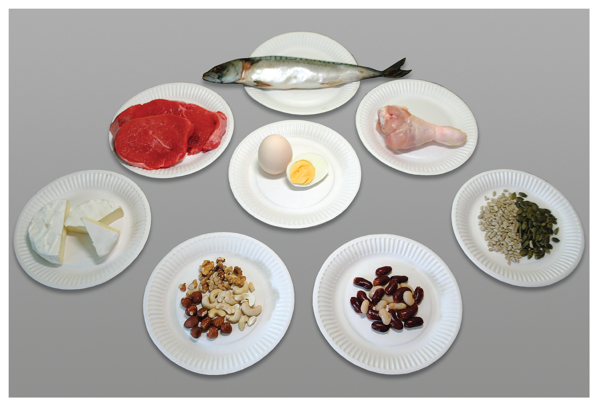 Fotografia przedstawia osiem białych talerzyków z produktami, bogatymi w białko. Od góry: srebrzysta ryba. Niżej czerwone płaty surowego mięsa. W środku dwa jajka, jedno ugotowane przekrojone dla ukazania żółtka. Z prawej różowe surowe udko drobiowe. W dolnym rzędzie od lewej: kawałki biało – kremowego sera pleśniowego, różne brązowe i jasne orzechy. Biała i czerwona fasola, na końcu ziarna słonecznika i zielone dyni.