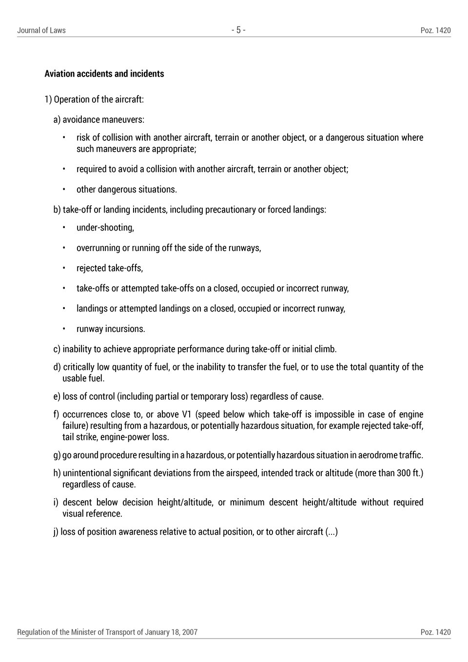 The document presents a fragment of the Regulation of the Minister of Transport of January 18, 2007, on aviation accidents and incidents.