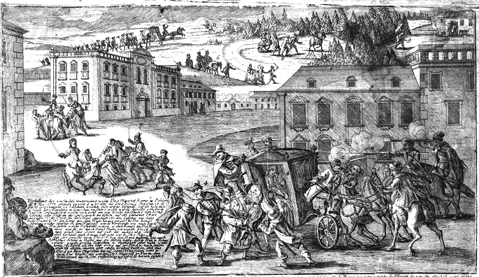 Grafika przedstawiająca porwania w 1771 r. króla Stanisława Augusta Poniatowskiego przez konfederatów barskich w tym też Kazimierza Pułaskiego. Grafika przedstawiająca porwania w 1771 r. króla Stanisława Augusta Poniatowskiego przez konfederatów barskich w tym też Kazimierza Pułaskiego. Źródło: domena publiczna.