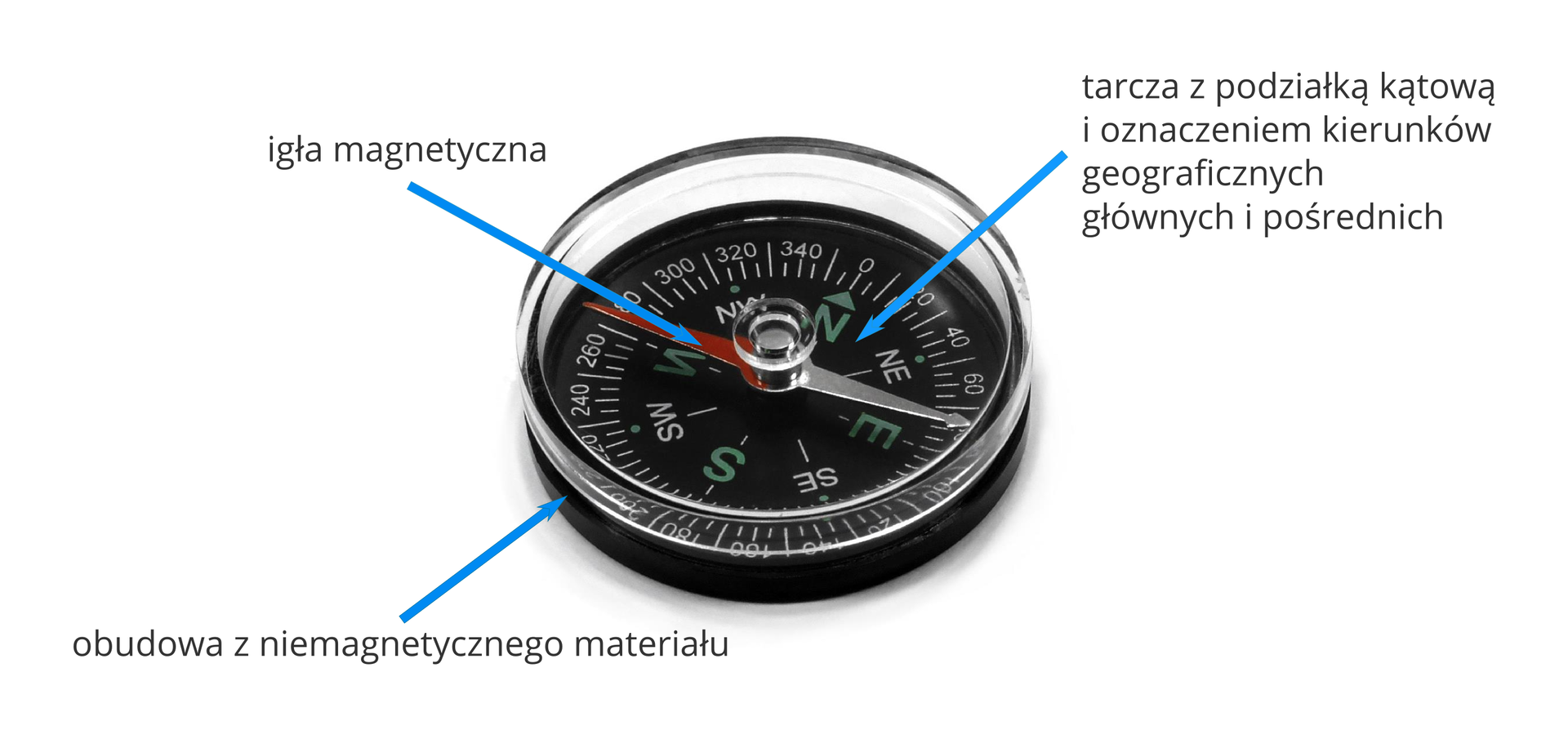 Zdjęcie przedstawia kompas magnetyczny. Krawędź kompasu ma postać pierścienia z podziałką kątową w stopniach. Punkt zero stopni pokrywa się kierunkiem północnym. Wschód to dziewięćdziesiąt stopni, południe to sto osiemdziesiąt stopni. Zachód dwieście siedemdziesiąt stopni. Wewnątrz kompasu igła magnetyczna. Czerwony koniec igły wskazuje zachód. Drugi biały koniec wskazuje wschód. Igła zawieszona jest ruchomo na ostrzu, tak aby mogła obracać się i wskazywać główne i pośrednie geograficzne kierunki świata. Główne kierunki świata oznaczają: litera N – północ, litera W – zachód, litera S – południe, litera E – wschód. Pośrednie kierunki geograficzne znajdują się pomiędzy głównymi kierunkami. NE to północny wschód, NW północny zachód. SE to południowy wschód, SW to południowy zachód. Całość umieszczona w niemagnetycznej – plastikowej obudowie.