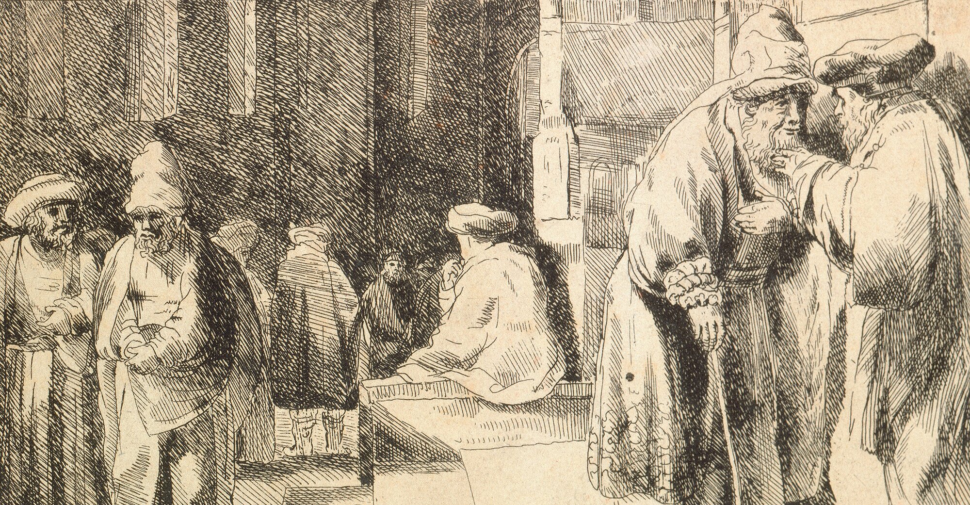 Żydzi w synagodze Źródło: Rembrandt, Żydzi w synagodze, 1648, domena publiczna.