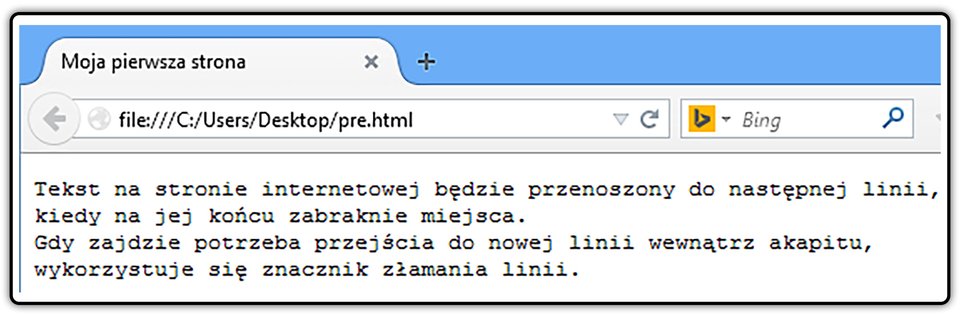 Zrzut widoku strony dokumentu HTML z tekstem umieszczonym pomiędzy znacznikami zachowującymi jego oryginalne formatowanie