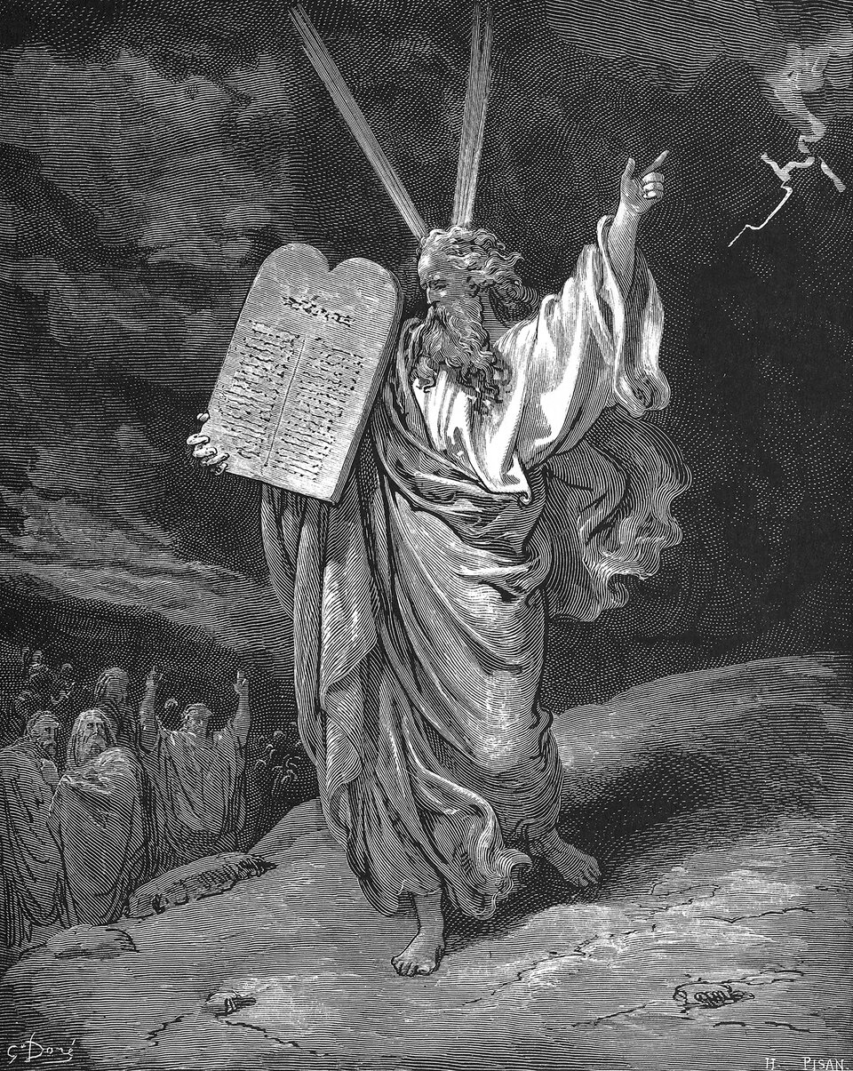 Mojżesz schodzi z góry Synaj Źródło: Gustave Doré, Mojżesz schodzi z góry Synaj, 1866, drzeworyt, domena publiczna.