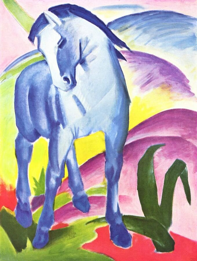 Niebieski koń Źródło: Franz Marc (1880–1916; czyt.: franc mark – niemiecki malarz), Niebieski koń, 1911, Muzeum Lenbachhaus, Monachium, domena publiczna.