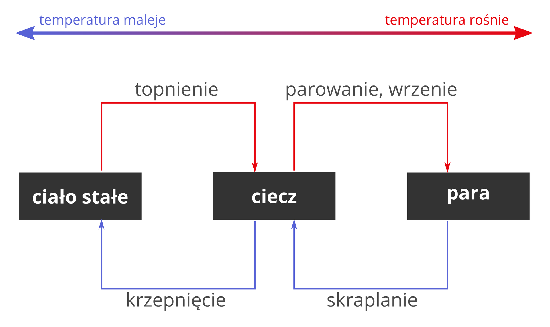 Na ilustracji zaprezentowano schemat obrazujący zmiany stanów skupienia. Są one związane ze zmianą temperatury substancji. Ciało stałe pod wpływem wzrostu temperatury topnieje i zamienia się w ciecz. Ciecz natomiast wraz ze wzrostem temperatury zaczyna wrzeć, a następnie parować, co powoduje zmianę jej stanu skupienia w stan gazowy. Kiedy temperatura spada, gaz ulega procesowi skraplania, zamieniając się w ciecz. Dalsze obniżanie temperatury doprowadzi do krzepnięcia i przemiany cieczy w ciało stałe.