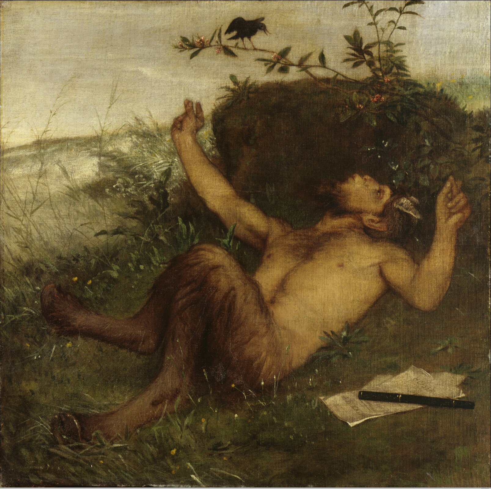 Faun gwiżdżący do kosa Źródło: Arnold Böcklin, Faun gwiżdżący do kosa, 1864/65, olej na płótnie, Niedersächsisches Landesmuseum, Hannover, domena publiczna.