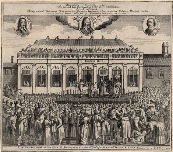 Współczesna wydarzeniom grafika przedstawiająca scenę ścięcia Karola I Stuarta w 1649 r. w Londynie przed tzw. „Banqueting Hause” w Whitehall. Współczesna wydarzeniom grafika przedstawiająca scenę ścięcia Karola I Stuarta w 1649 r. w Londynie przed tzw. „Banqueting Hause” w Whitehall. Źródło: 1649, domena publiczna.