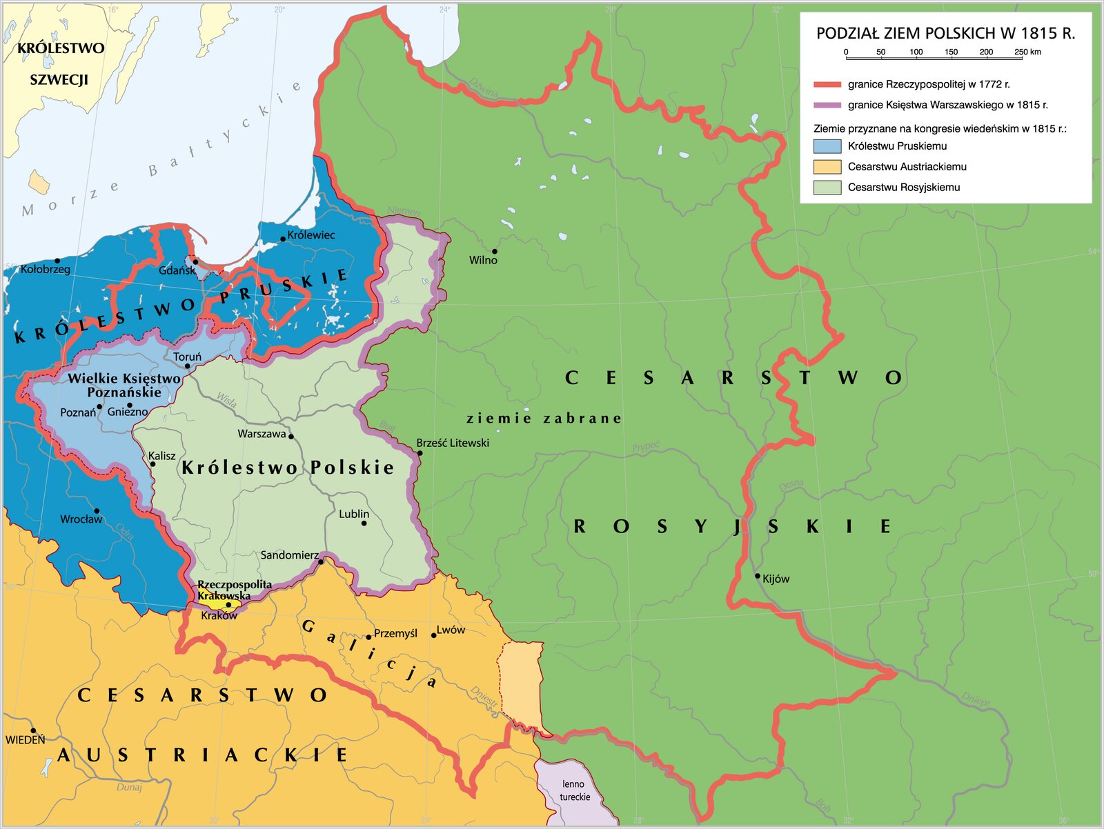 mapa Podział ziem polskich w 1815 r.