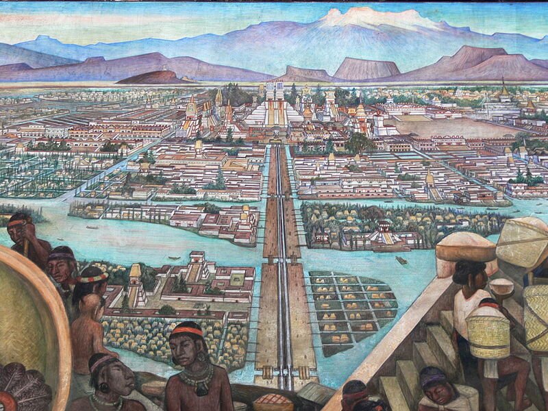 obraz przedstawia wyobrażenie miasta Tenochtitlan