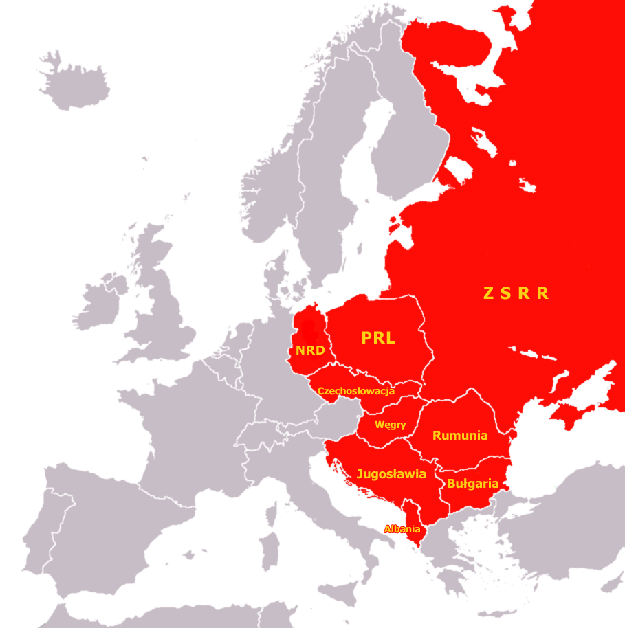 Europa z zaznaczonymi krajami demokracji ludowej