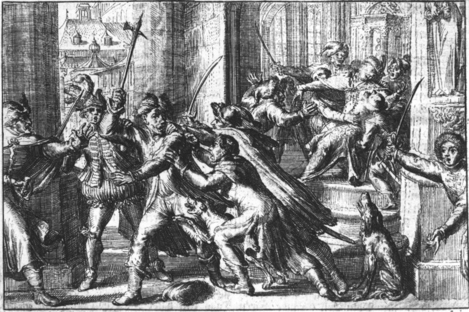 Próba zamachu na króla Zygmunta III Wazę przez Michała Piekarskiego w 1620 Źródło: autor nieznany, Próba zamachu na króla Zygmunta III Wazę przez Michała Piekarskiego w 1620, 1699, rycina i akwaforta, Biblioteka Narodowa w Warszawie, domena publiczna.