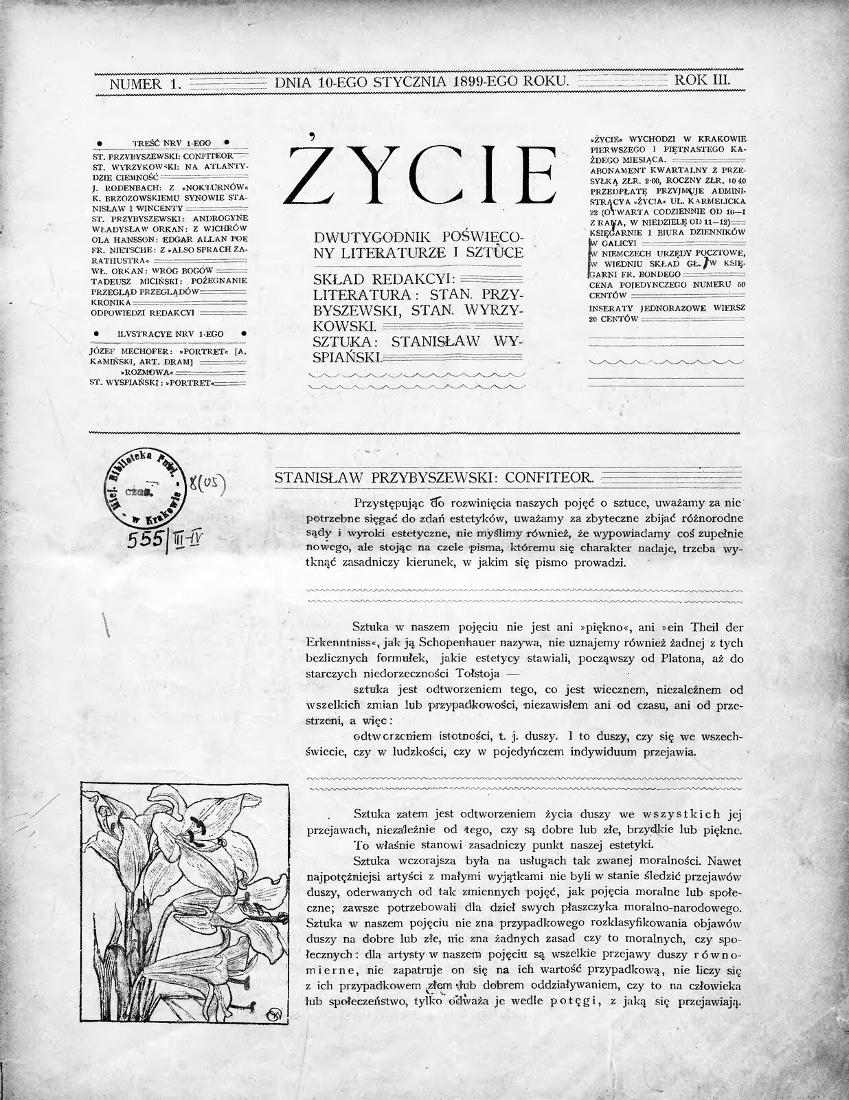 Strona tytułowa czasopisma „Życie” z Confiteorem Stanisława Przybyszewskiego Strona tytułowa czasopisma „Życie” z Confiteorem Stanisława Przybyszewskiego Źródło: domena publiczna.