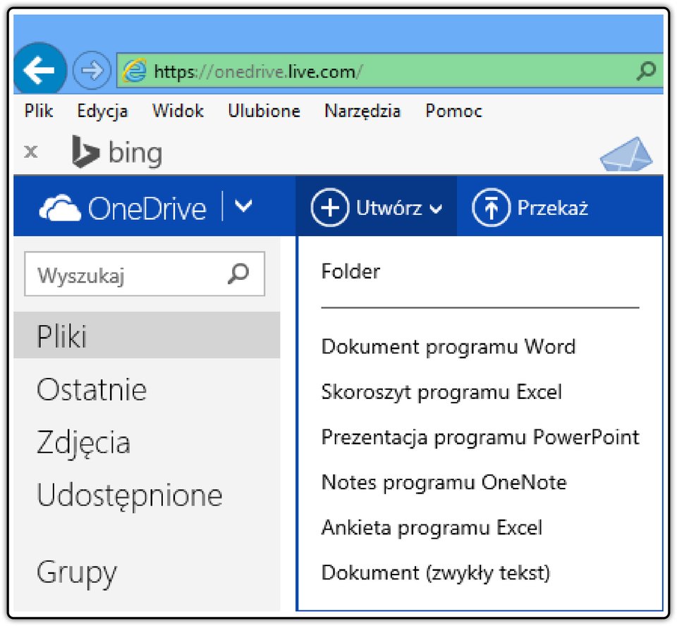 Zrzut fragmentu okna usługi OneDrive z listą dostępnych aplikacji