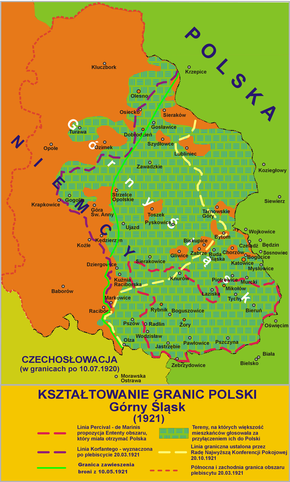 Kształtowanie granic Polski - Górny Śląski Źródło: Lonio17, Kształtowanie granic Polski - Górny Śląski, 2010, J. J. Tazbir Wielki Atlas Historyczny, Demart, Warszawa, 2008, licencja: CC BY-SA 4.0.
