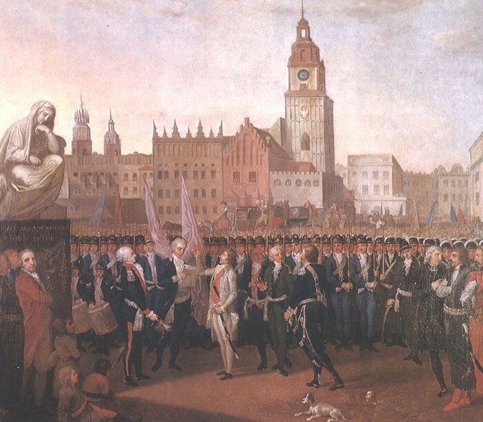 Przysięga Kościuszki na Rynku w Krakowie Źródło: Franciszek Smuglewicz, Przysięga Kościuszki na Rynku w Krakowie, 1797, olej na płótnie, Muzeum Narodowe w Poznaniu, domena publiczna.