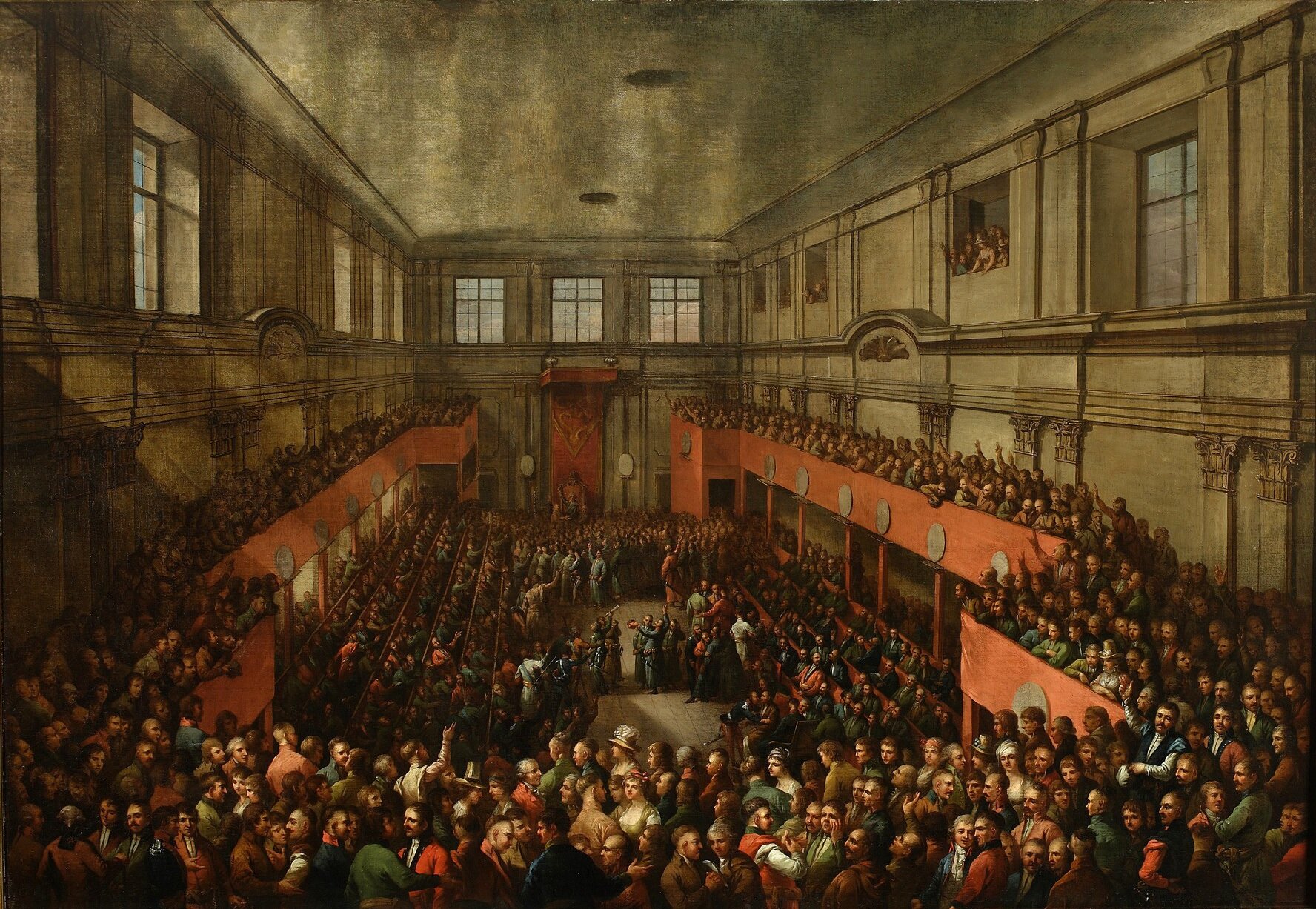 Uchwalenie Konstytucji 3 maja, autor: Kazimierz Wojniakowski Źródło: wolnelektury.pl, Uchwalenie Konstytucji 3 maja, autor: Kazimierz Wojniakowski, olej na płótnie, Muzeum Narodowe w Warszawie, licencja: CC 0.