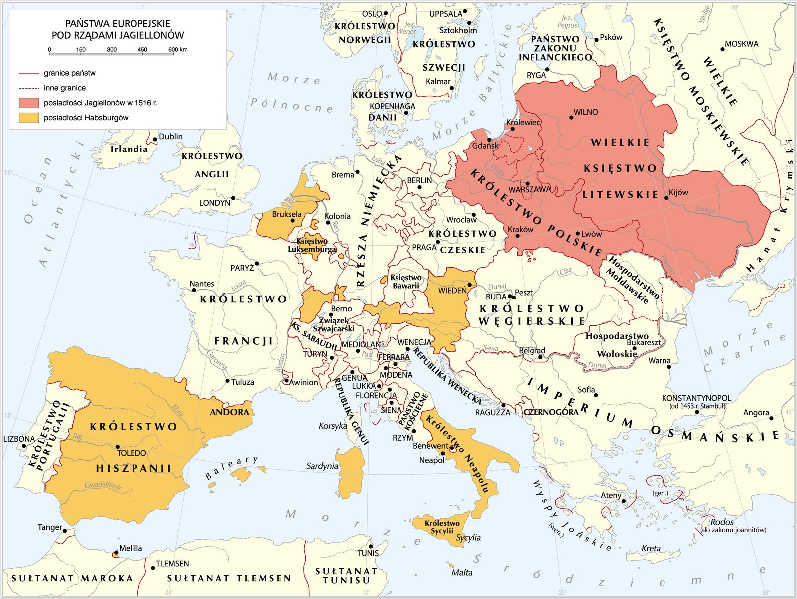 Państwa we władaniu Jagiellonów w 1490 r. oraz państwa we władaniu Habsburgów. Państwa we władaniu Jagiellonów w 1490 r. oraz państwa we władaniu Habsburgów. Źródło: Krystian Chariza i zespół, licencja: CC BY 4.0.