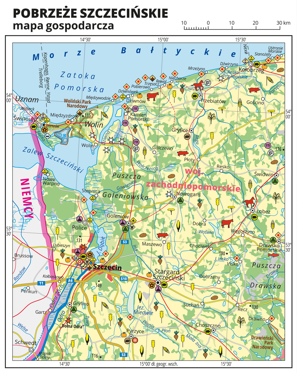 Ilustracja przedstawia mapę gospodarczą Pobrzeża Szczecińskiego. Tło mapy w kolorze żółtym (grunty orne), jasnozielonym (łąki i pastwiska) i zielonym (lasy). Na mapie sygnatury obrazujące uprawy poszczególnych roślin, hodowlę zwierząt, przemysł, górnictwo i energetykę, komunikację, turystykę, naukę, kulturę i sztukę. Na północy Morze Bałtyckie, Zatoka Pomorska i Zalew Szczeciński. Mapa obejmuje tereny od Świnoujścia i Szczecina na zachodzie po Kołobrzeg i Drawsko Pomorskie na wschodzie. Miejscowości nadmorskie oznaczone sygnaturą turystyki wypoczynkowej. Największe zagęszczenie sygnatur w Szczecinie, duże zagęszczenie sygnatur w Świnoujściu, Goleniowie, Stargardzie Szczecińskim i Kołobrzegu. Na wyspie Wolin elektrownie wiatrowe. Na mapie przedstawiono sieć dróg i kolei, porty wodne i lotnicze, granicę państwa. Opisano województwo zachodniopomorskie i Niemcy. Mapa zawiera południki i równoleżniki, dookoła mapy w białej ramce opisano współrzędne geograficzne co trzydzieści minut.