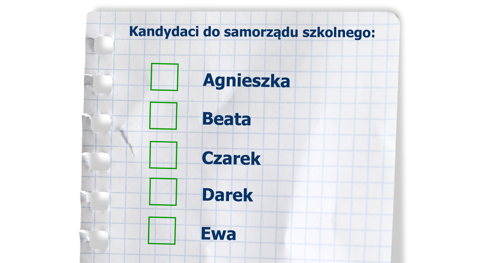 Rysunek kartki do głosowania z napisem: Kandydaci do samorządu szkolnego. Podane, jedno pod drugim, imiona kandydatów: Agnieszka, Beata, Czarek, Darek, Ewa. Obok imion kwadrat do zaznaczenia oddanego głosu.