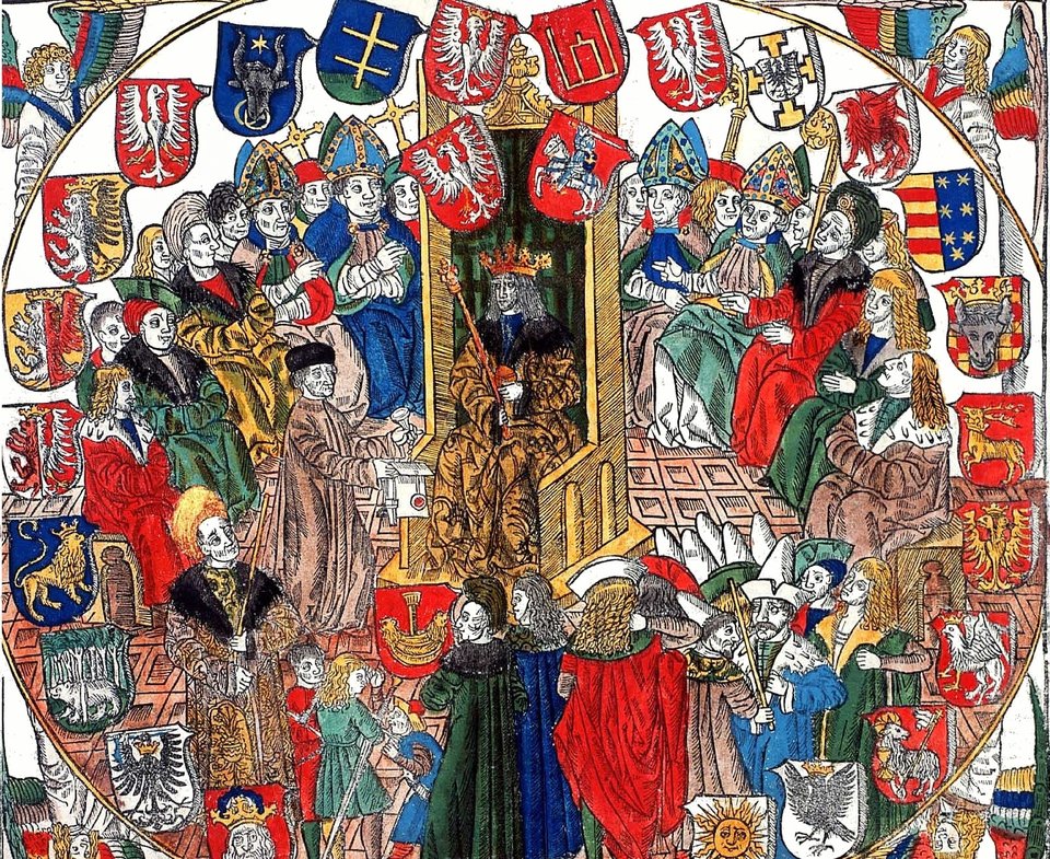 Ilustracja ze Statutu Łaskiego, spisu wszystkich statutów i przywilejów obowiązujących w Królestwie Polskim. Jan Haller wydrukował go 7 stycznia 1506 na pergaminie. Była to pierwsza w Polsce publikacja urzędowa wydana drukiem.