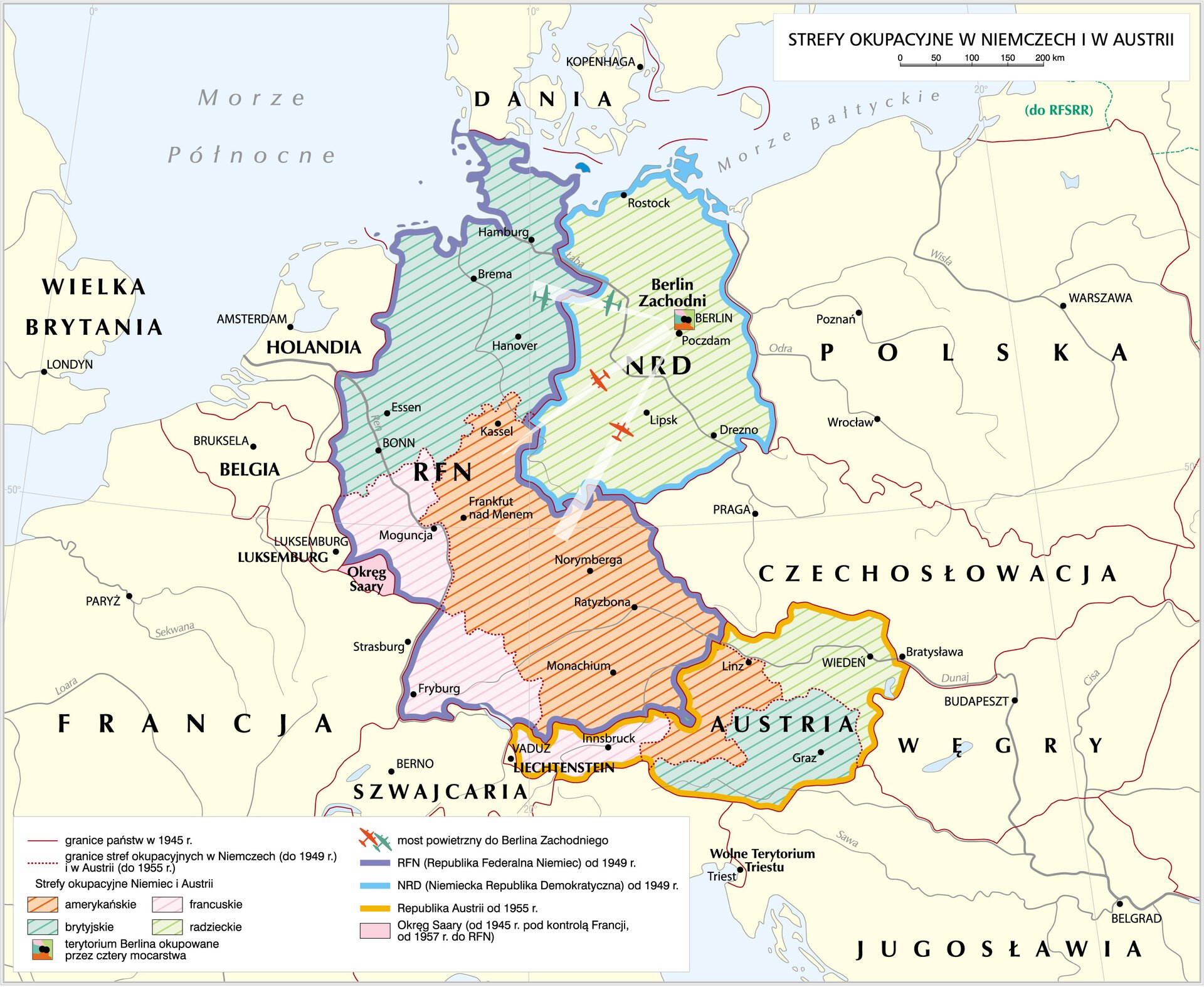 Strefy okupacyjne w Niemczech i Austrii Strefy okupacyjne w Niemczech i Austrii Źródło: Krystian Chariza i zespół, licencja: CC BY 3.0.