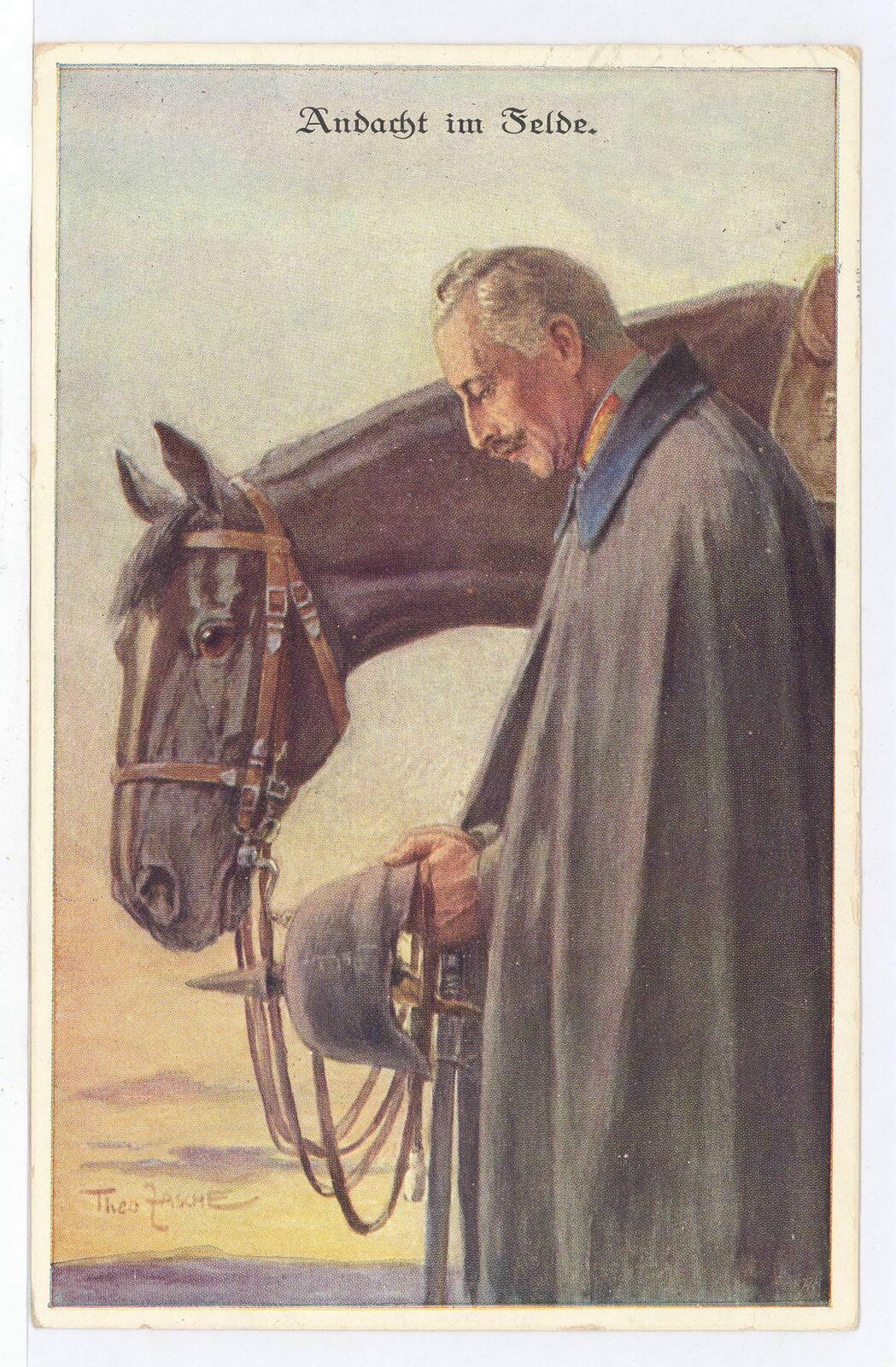 Modlitwa na polu Cesarz Wilhelm II na pocztówce propagandowej. Źródło: Theo Zasche, Modlitwa na polu, 1916, domena publiczna.