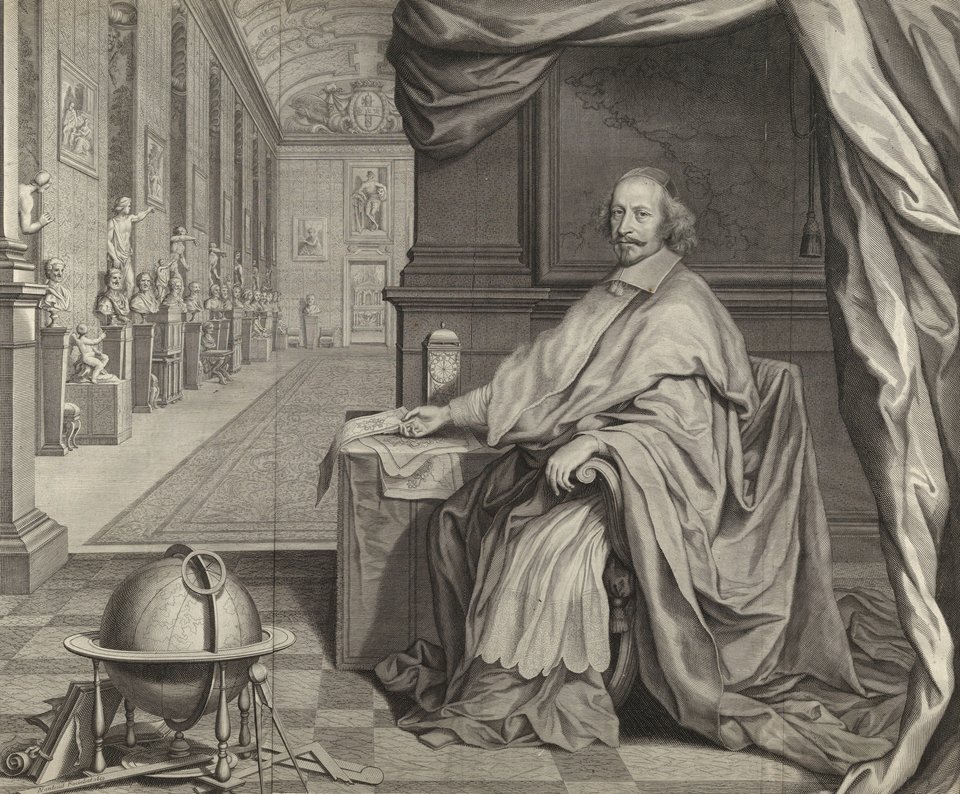 Kardynał Mazarini siedzi w swoim pałacu. Grafika powstała ok. 1659 r. Obecnie przechowywana jest w Metropolitan Museum w Nowym Jorku. Kardynał Mazarini siedzi w swoim pałacu. Grafika powstała ok. 1659 r. Obecnie przechowywana jest w Metropolitan Museum w Nowym Jorku. Źródło: François Chauveau, Pierre Mignard, Robert Nanteuil, Pierre Van Schuppen, 1659, rycina, Metropolitan Museum of Art, domena publiczna.