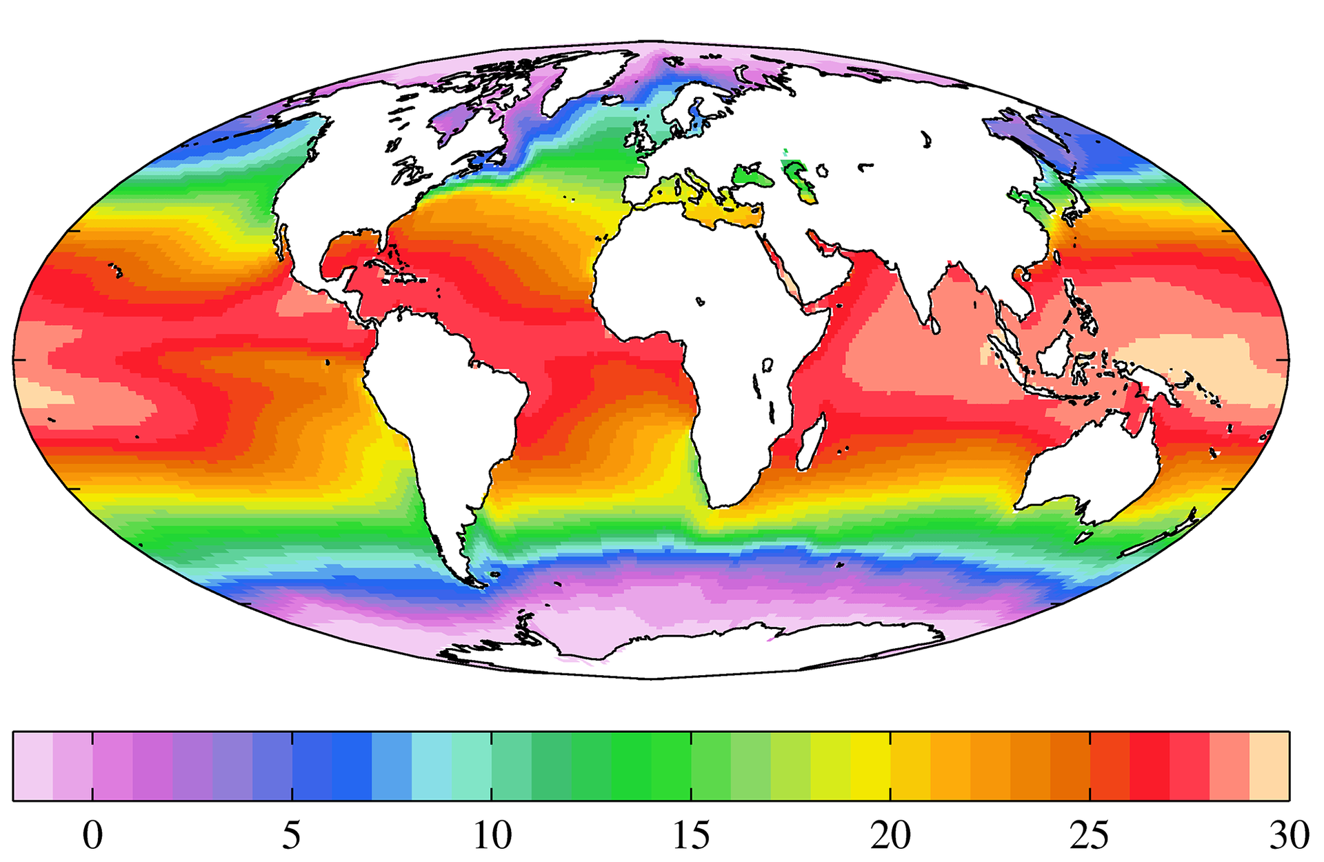 Ilustracja prezentuje mapę świata z zaznaczonymi temperaturami powierzchniowej warstwy wód morskich i oceanicznych w postaci różnych kolorów. Pod mapą znajduje się kolorowa podziałka z zaznaczonymi temperaturami co pięć stopni od 0°C do 30°C. Każdy przedział jest oznaczony innym kolorem z gradacją odcieni. Kolejne kolory począwszy od 0°C to: fioletowy, niebieski, zielony, żółty, pomarańczowy, czerwony. Wody zimne o temp. od 0°C do 5°C w kolorze fioletowym i niebieskim znajdują się wokół biegunów oraz kontynentów, które do nich przylegają. Następnie kolor niebieski, to wody o temp. od 5°C do 10°C w strefie umiarkowanej na obydwu półkulach, kolejny kolor zielony, temp. od 10°C do 15°C, żółty temp. od 15°C do 20°C, a na równiku i w strefie międzyzwrotnikowej kolor czerwony, temp. od 25°C do 30°C. Widać daę wykonania mapy - 5 lutego 2013.