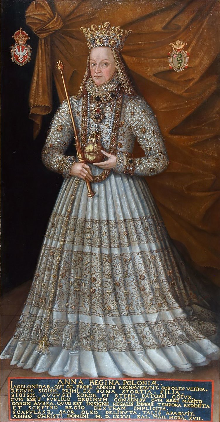 Portret Anny Jagiellonki w stroju koronacyjnym Anna Jagiellonka - królowa Polski w stroju koronacyjnym. Córka króla Polski i wielkiego księcia Litwy Zygmunta I Starego i Bony Sforzy. Źródło: Marcin Kober, Portret Anny Jagiellonki w stroju koronacyjnym, 1576, olej na płótnie, Katedra na Wawelu, domena publiczna.