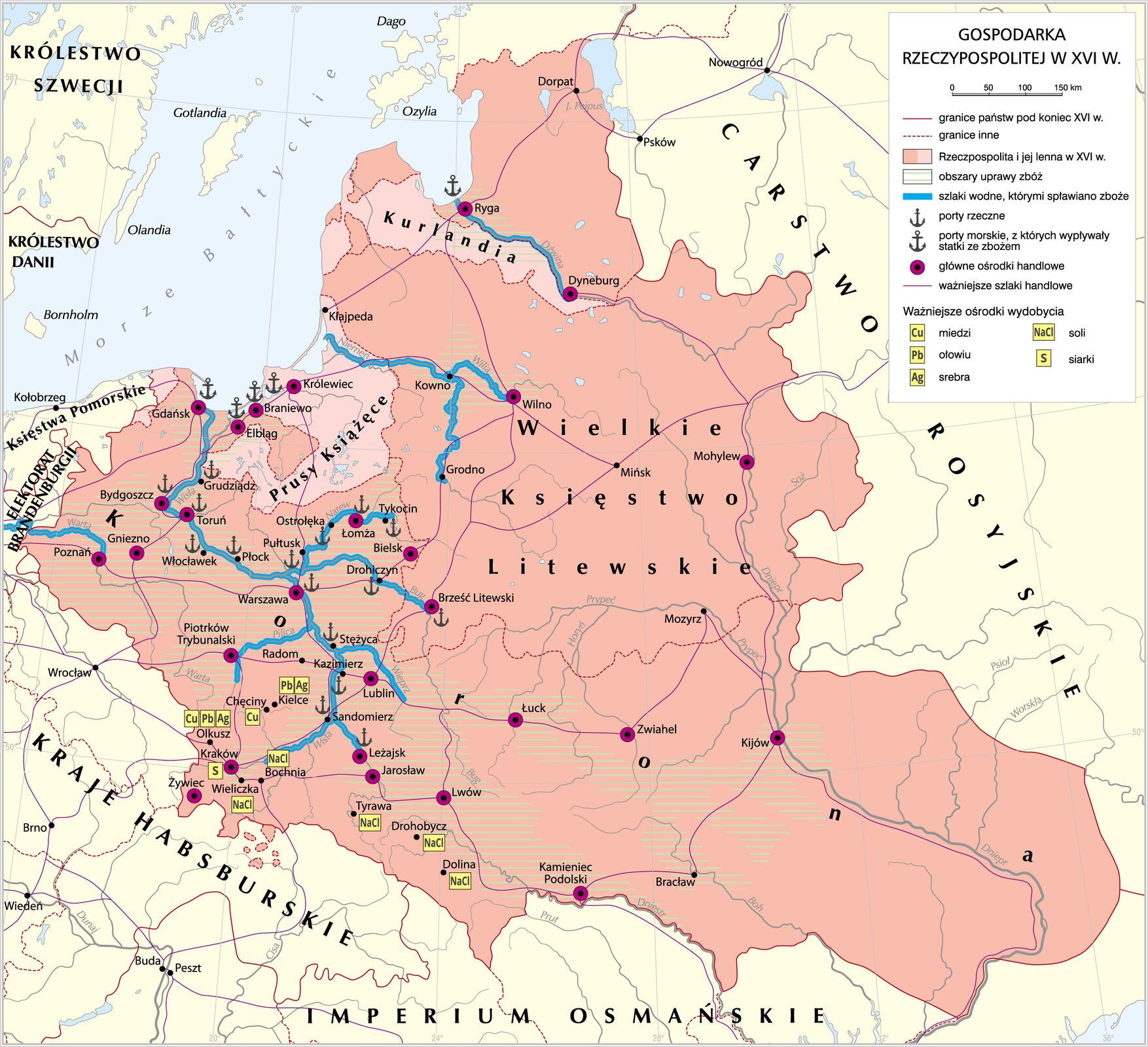 Mapa przedstawia gospodarkę Rzeczpospolitej w XVI wieku. Obszary upraw zbóż to przede wszystkim: Pomorze środkowe, Wielkopolska, Mazowsze, Małopolska, Ukraina (aż po Kamieniec Podolski i Kijów), Podlasie i okolice Wilna. Ukazane są także szlaki wodne prowadzące przez niemal całą długość Wisły i jej dopływy (Wieprz, Pilica, Bug, Narew), a także szlak wodny na Warcie od Poznania do Odry, na Niemnie, od środkowego jej biegu do ujścia wraz z dopływem Wilią, a także na Dźwinie od Dyneburga do Rygi. Ukazane są miejsca portów rzecznych: w Grudziądzu, Bydgoszczy, Toruniu,Włocławku, Płocku Warszawie, Stężycy, Kazimierzu, Sandomierzu, Leżajsku, Brześciu Litewskim, Drohiczynie, Pułtusku, Ostrołęce, Łomży, Tykocinie, a także porty morskie w: Gdańsku, Elblągu, Braniewie, Królewcu i Rydze. Wymieniono tu także główne ośrodki handlowe takie jak: Gdańsk, Elbląg, Braniewo, Królewiec, Ryga, Dyneburg, Wilno, Mohylew, Bydgoszcz, Toruń, Poznań, Gniezno, Warszawa, Łomża, Bielsk. Brześć Litewski, Piotrków Trybunalski, Lublin, Kraków, Żywiec, Leżajsk, Jarosław, Lwów, Łuck, Zwiahel, Kijów, Kamieniec Podolski.