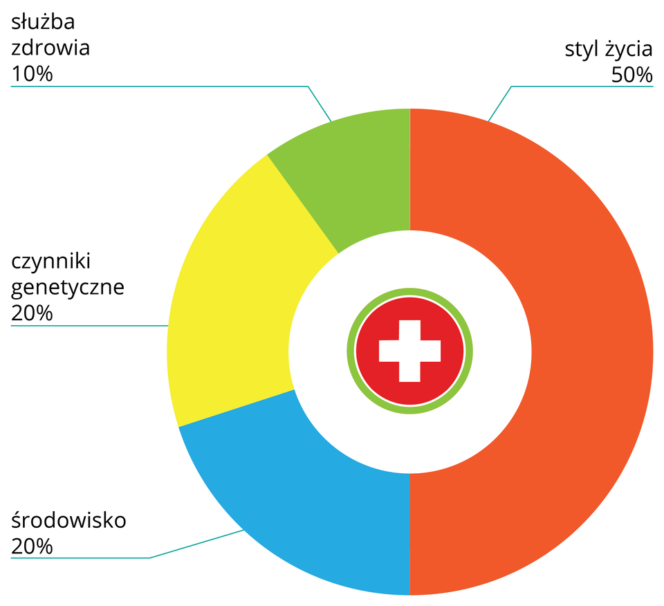 Ilustracja przedstawia diagram pierścieniowy. Kolorami zaznaczono czynniki warunkujące zdrowie i ich wpływ na jakość życia wyrażony w procentach. Wewnątrz diagramu symbol krzyża medycznego na czerwonym tle. Kolor czerwony oznacza styl życia. Od dołu w lewą stronę kolejno: niebieski wpływ środowiska (20 procent), żółty czynniki genetyczne (20 procent), zielony służbę zdrowia (10 procent).