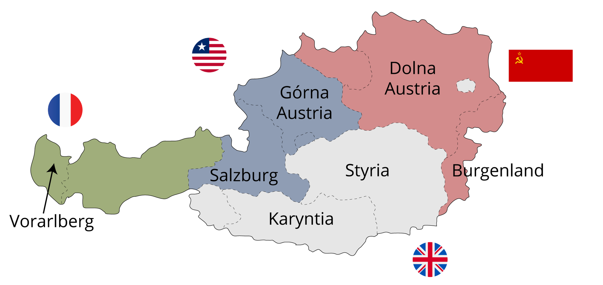 Podział Austrii na cztery strefy okupacyjne w latach 1945–1955. W której strefie okupacyjnej znaleźli się mieszkańcy Grazu, a w której Austriacy z Innsbrucka?