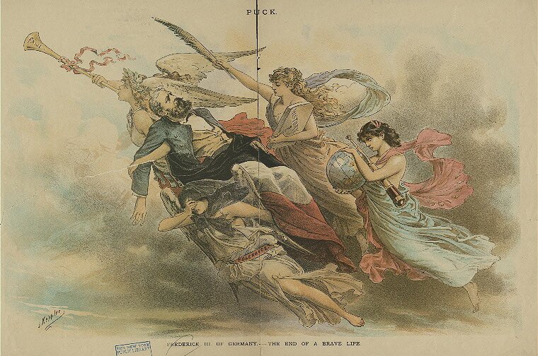 Amerykańska ilustracja prasowa z czasopisma „Puck” Alegoryczne przedstawienie straty, jaką poniosły Niemcy z chwilą śmierci cesarza Fryderyka, syna Wilhelma I. Jego ciało unoszą do nieba Sława, Historia, Tolerancja i Nauka. Źródło: Joseph Kepple, Amerykańska ilustracja prasowa z czasopisma „Puck”, 1888, domena publiczna.