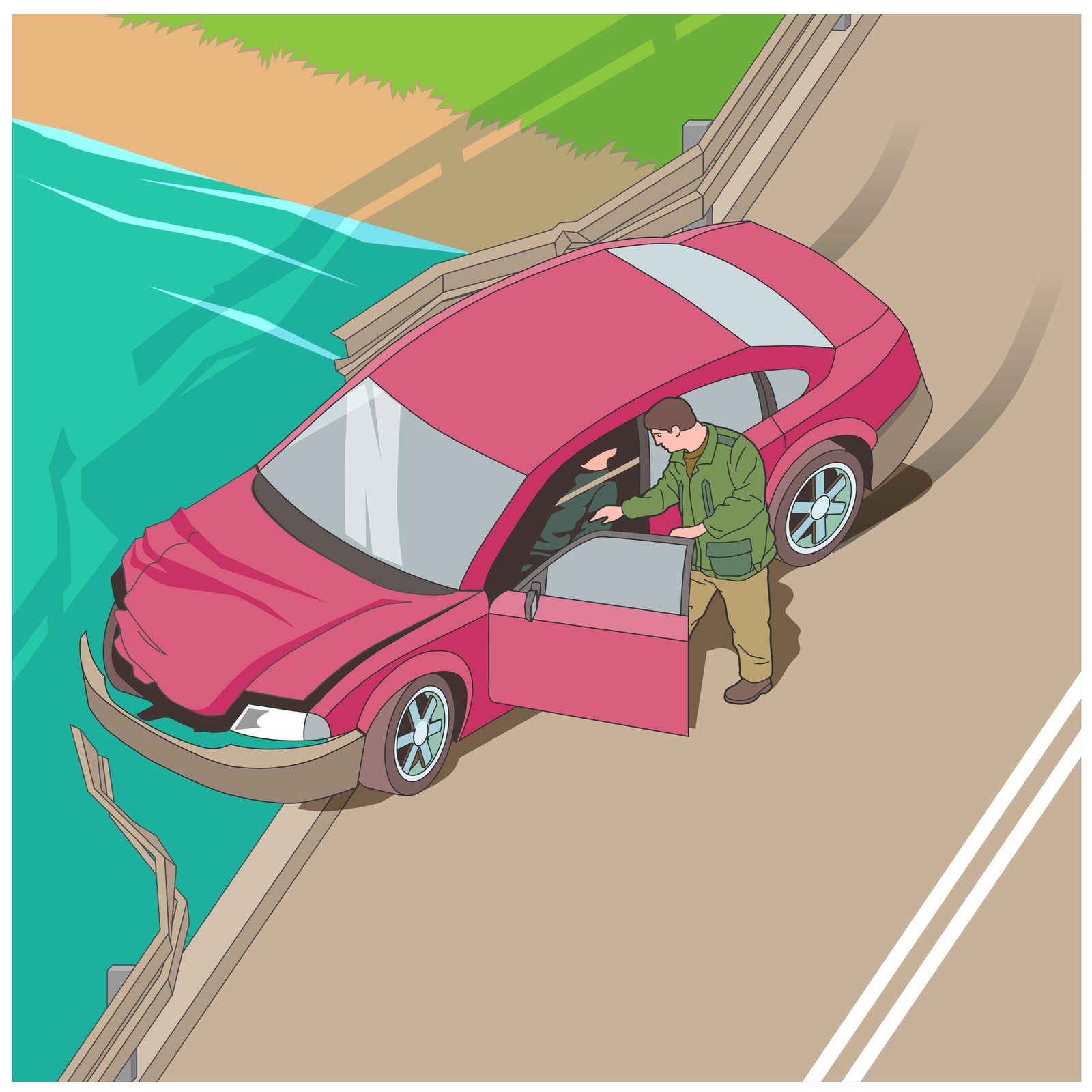 Ilustracja przedstawia wypadek na moście. Samochód przełamał barierkę z lewej strony mostu. Przód samochodu skierowany w lewą stronę zdjęcia. Drzwi kierowcy otwarte. Drugi mężczyzna próbuje pomóc kierowcy siedzącemu w samochodzie. Poniżej mostu rzeka.