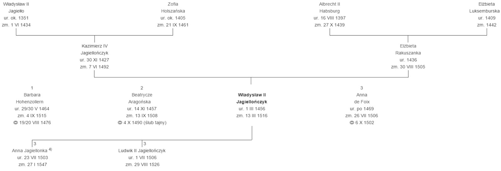 Jagiellonowie - drzewo genealogiczne Władysława II, króla Czech i Węgier Drzewo genealogiczne Władysława II, króla Czech i Węgier. Źródło: Jagiellonowie - drzewo genealogiczne Władysława II, króla Czech i Węgier, domena publiczna.