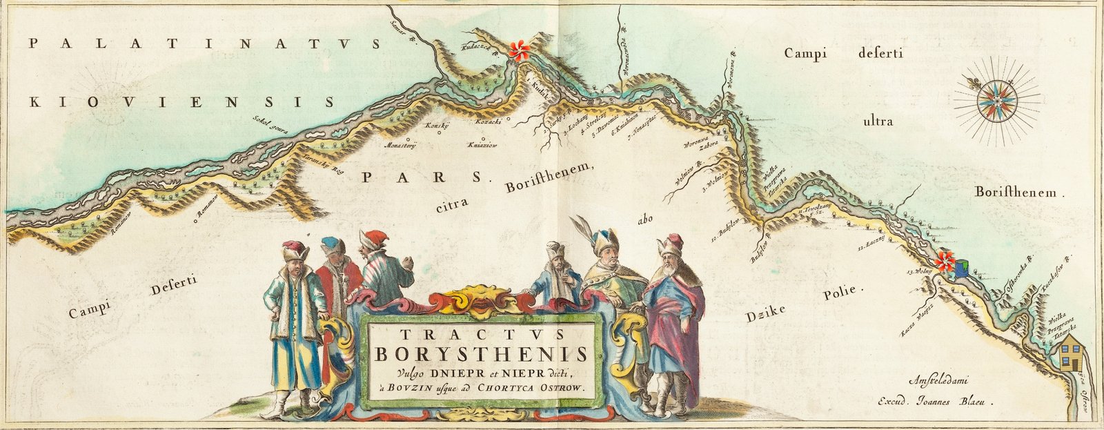 Tractus Borysthenis (fragment) Fragment mapy okolic Dniepru, wykonanej przez Willema Blaeu w 1662 roku. Czerwonymi ikonkami oznaczono początek i koniec porohów, makietą domu - wyspę Chortyca, a kubełkiem z mocno już nieświeżą kaszą - Kaszewarnicę. Źródło: Willem Blaeu, Tractus Borysthenis (fragment), 1662, licencja: CC 0.